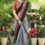 Elegant Grey Handcrafted Ajrakh Saree with Black Pallu and Traditional Motifs