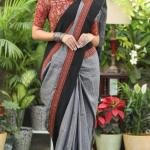 Elegant Grey Handcrafted Ajrakh Saree with Black Pallu and Traditional Motifs