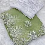 Graceful Sage Green Silk Saree with Hand Embroidery & Pearl Handwork | Designer Embroidered Blouse Piece