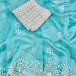 Graceful Sage Green Silk Saree with Hand Embroidery & Pearl Handwork | Designer Embroidered Blouse Piece