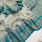 Ice Grey Handwoven Mahabalipuram Silk Saree with Rich Red Antique Gold Zari Border