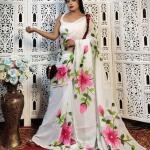 Hand-Painted Baby Pink Mul Cotton Saree with Multicolor Floral Artwork