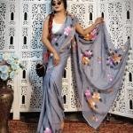 Hand-Painted Baby Pink Mul Cotton Saree with Multicolor Floral Artwork