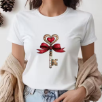 White Heart Key with Red Bow Printed T-Shirt