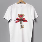 White Heart Key with Red Bow Printed T-Shirt