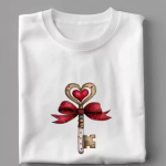 White Heart Key with Red Bow Printed T-Shirt