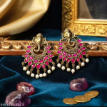 Traditional Ganesh Design Pink Stone Pearl Dangler Earrings for Women & Girls