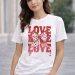 Women White Cotton Printed T-Shirt Teddy Bear Heart Floral Design