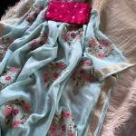 Pure chinnon Viscose Chex multi embroidery Sequence Saree With  viscose Buti blouse