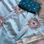 Pure chinnon Viscose Chex multi embroidery Sequence Saree With  viscose Buti blouse