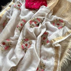 Pure chinnon Viscose Chex multi embroidery Sequence Saree With  viscose Buti blouse
