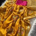 Pure chinnon Viscose Chex multi embroidery Sequence Saree With  viscose Buti blouse