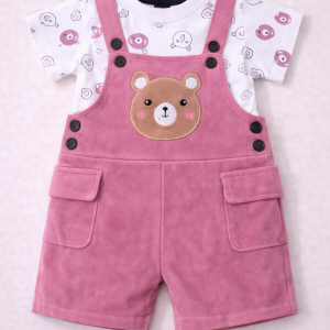 Baby Boy / Baby Girl Corduroy Dungaree Set with Printed Cotton T-Shirt | Bear Applique | Pink