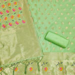 Navy Blue Floral Designer Silk Suit Set with Zari Border