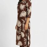 STYLEGENIXSTYLEGENIX Women's Brown Floral Print Kurta with Pant Set, 3/4 Sleeve, Tropical Leaf Pattern