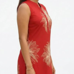 STYLEGENIXSTYLEGENIX Red Sleeveless Dress with Golden Floral Print, Mandarin Collar, A-Line Style