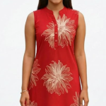 STYLEGENIXSTYLEGENIX Red Sleeveless Dress with Golden Floral Print, Mandarin Collar, A-Line Style