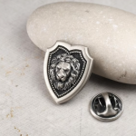 Lion Head Shield Pin Brooch, Medieval Lapel Badge, Jewelry Accessories, Sterling Silver