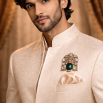 Diamond Polki Synthetic Emerald Gemstone Designer Brooch Unisex