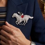 Horse Racer Diamonds Platinum Enamel Unisex Brooch