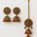 gold-plated oxidized jhumka earrings and maang tikka set