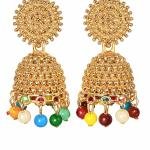 gold-plated jhumka earrings with multicolor beads.