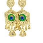 gold-plated traditional Indian jhumka earrings featuring a peacock design