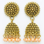 Antique Gold Jhumka Earrings with Peach Pearl Accents