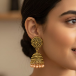 Antique Gold Jhumka Earrings with Peach Pearl Accents