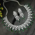 Rhodium Plated Green & White Cubic Zircon Necklace Set