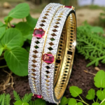 Gold & Silver Toned Maroon Cubic Zircon Bangles