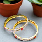 Gold & Silver Toned Maroon Cubic Zircon Bangles