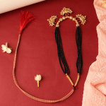 Traditional Gold-Plated Mangalsutra Necklace Featuring Black Beads And Red Stone Embellishments