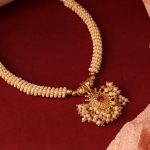 Traditional Maharashtrian Kolhapuri Thushi Necklace With Simulated Pearls And  Red Adjustable Cord