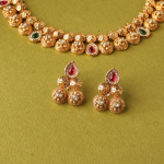 Gold-Plated Copper Alloy Necklace And Earring Set With Red And Green Stones