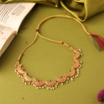 Gold-Plated Chandrakor Necklace Set With Ruby Emerald Stones And White Pearl Drops