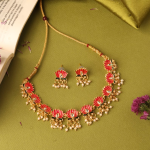 Gold-Plated, Green enamel, Lotus-Motif Necklace And Earring Set With Pearl Drops
