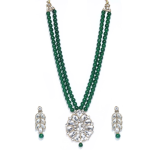 Gold-Plated Green Beaded Kundan Necklace And Matching Earrings Set
