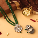 Gold-Plated Green Beaded Kundan Necklace And Matching Earrings Set