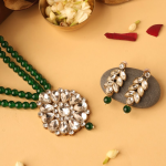 Gold-Plated Green Beaded Kundan Necklace And Matching Earrings Set
