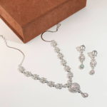 Sparkling Silver-Tone Necklace & Earrings Set with Baby Pink Crystal Teardrop Stones (Rhodium Finish)