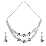 Silver-Tone Floral Crystal Necklace & Earrings Set with Multicolour Stones