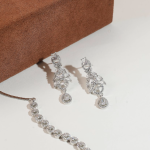 Plated Cubic Zirconia Studded Teardrop & Halo Design Luxe Statement Necklace Set in Silver Tone for Women