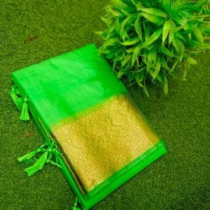 Elegant Handcrafted Green Maslin Organza Saree with Golden Zari Border & Matching Blouse Piece – Free Size