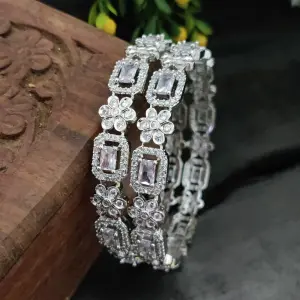 Sonamone Silver Toned White Cubic Zircon Bangles