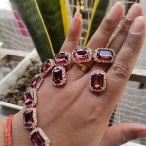 Dazzling Stones Necklace Earring Set For Women (WINECOLOUR)