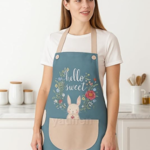 Waterproof Kitchen Apron for Women, Blue Bunny Design with Large Storage Pocket