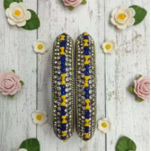 Kangan Set Traditional Bangles Indian Jewelry Royal Blue Bangles Yellow Accent Jewelry