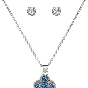 Silver Plated Cz Studded Anti Tarnish Blue Clover Necklace Set