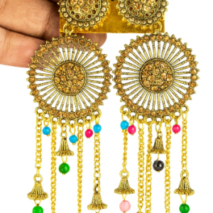Chain Design Earrings featuring gold-plated alloy and artificial colorful beads.